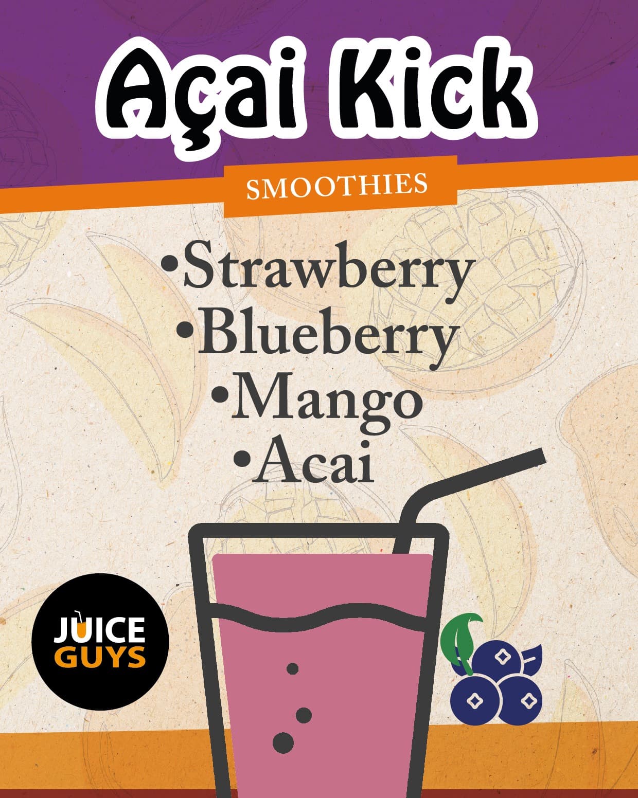 Açaí Kick smoothie card: strawberry, blueberry, mango and açaí.