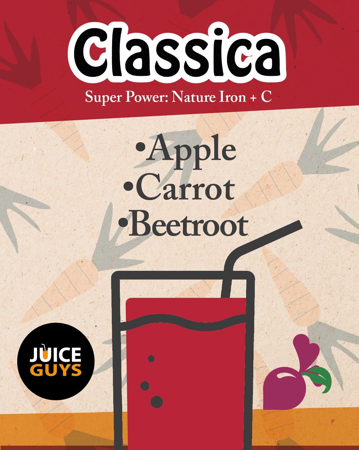 Classica juice card: apple, carrot and beetroot.