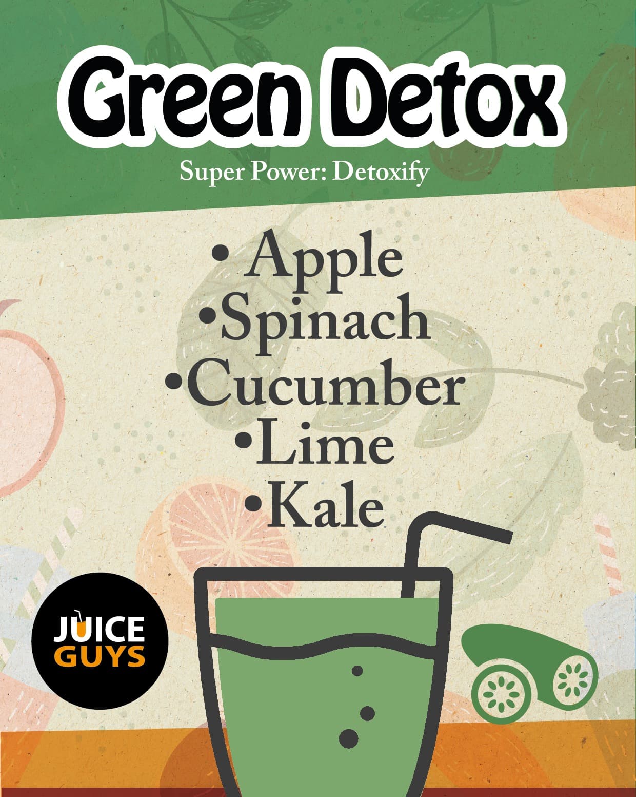 A clear cup of deep green Green Detox juice set inside a rustic wooden crate.