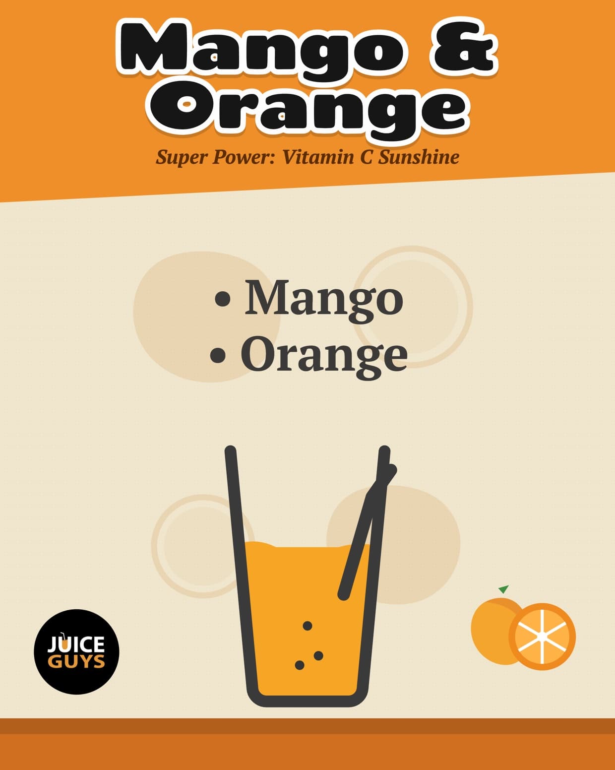 A clear cup of bright orange mango and orange juice on a studio set.