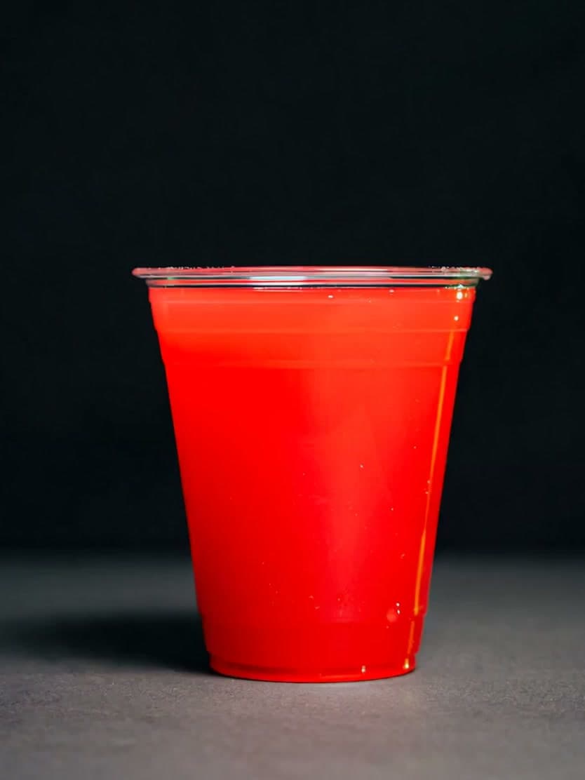 A close-up of a freshly pressed Juice Guys watermelon juice in a clear cup against a dark studio background.